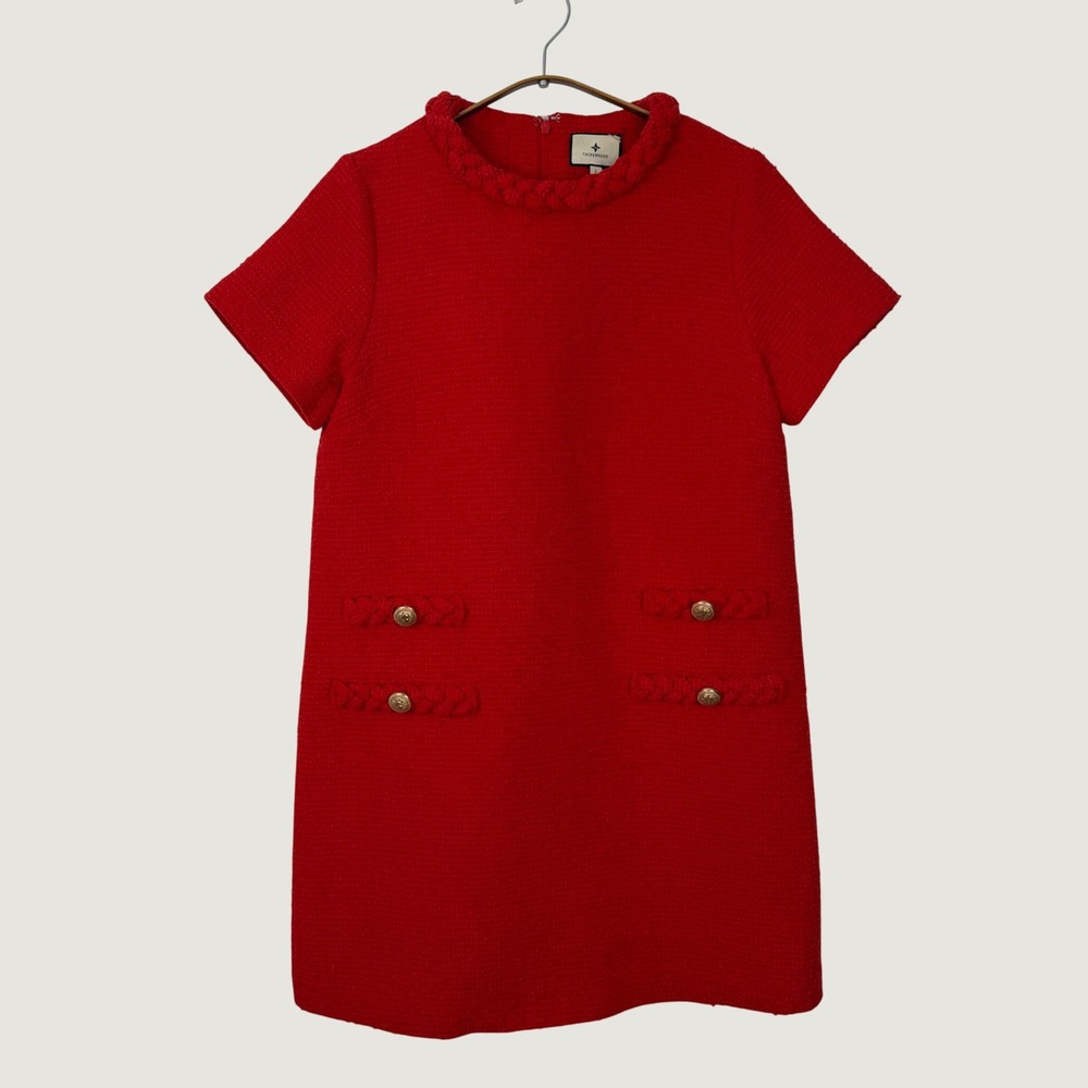 Tuckernuck Jackie Red Tweed Braided Trim Shift Mini Dress Gold Crest Buttons L